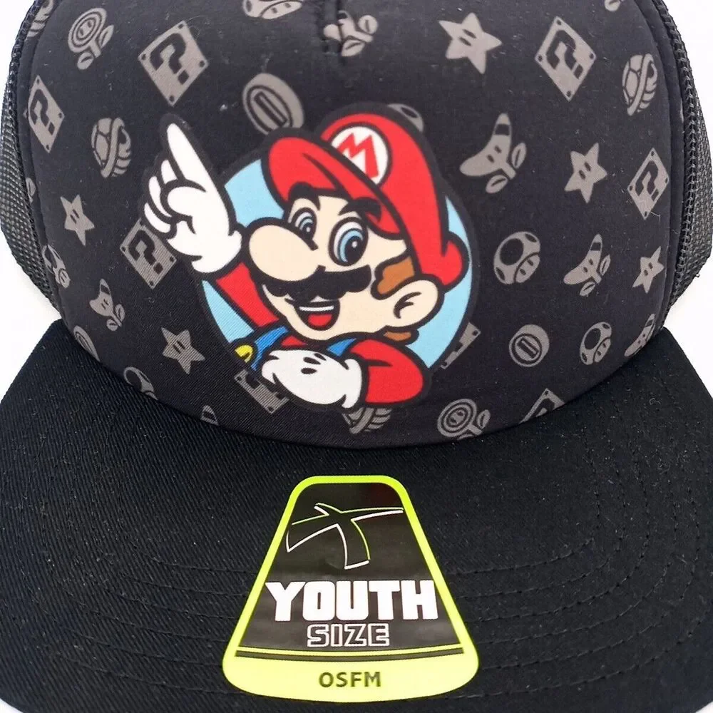 Nintendo Super Mario Bros Youth Sized Adjustable Snapback Hat Cap Black Youth OS